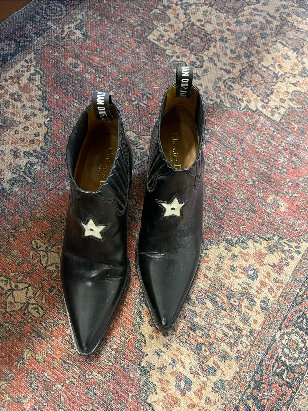 Dior Black Leather Pointed Cowboy Boots with White Star